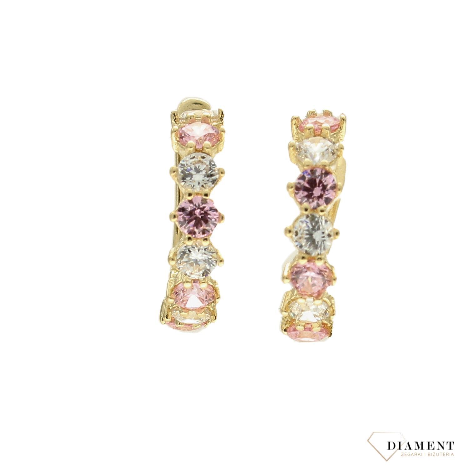 Złote kolczyki kółeczka z cyrkoniami KL 2947A. Złote kolczyki. Złote kolczyki delikatne. Złote kolczyki minimalistyczne. Złote kolczyki z cyrkoniami białymi i różowymi. Złote kolczyki damskie.Kolczyki dziec.jpg